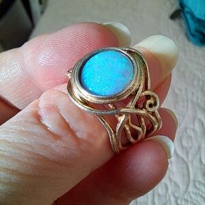 Blue Opal Sterling Silver 925 Vermeil Artisan Ring By Israeli Designer Didae